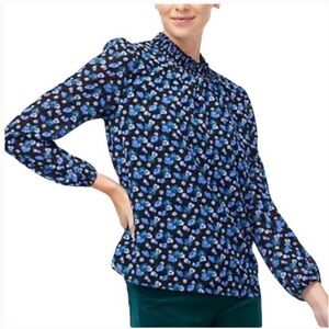 J. Crew Black Blue Floral Print Mock Neck Blouse Sz S Chiffon Long Sleeves Top